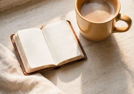 Coffee and an open Bible on a windowsill in soft mid-morning light, representing devotion that fits your actual body clock.