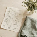 A loosely written weekly home rhythm list beside a dish towel and flowers, representing a flexible routine rather than a rigid chart.