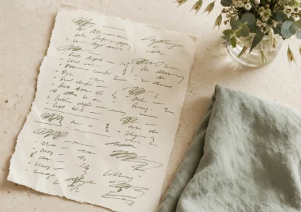 A loosely written weekly home rhythm list beside a dish towel and flowers, representing a flexible routine rather than a rigid chart.