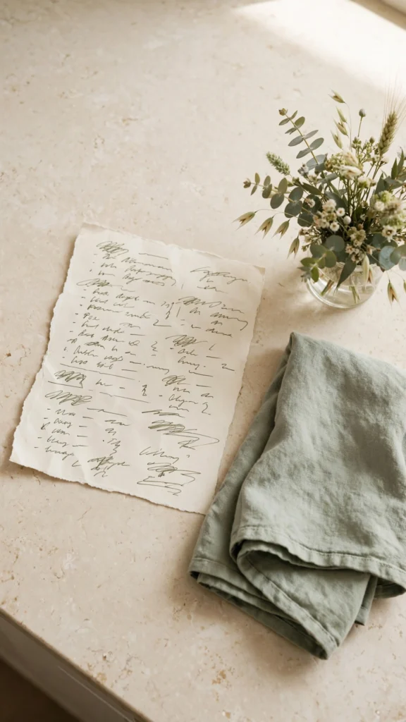 A loosely written weekly home rhythm list beside a dish towel and flowers, representing a flexible routine rather than a rigid chart.