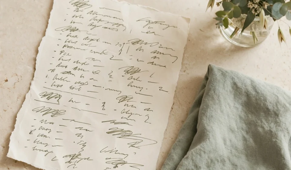 A loosely written weekly home rhythm list beside a dish towel and flowers, representing a flexible routine rather than a rigid chart.