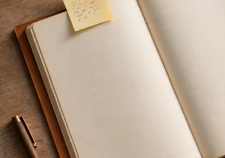 A handwritten sticky note attached to an open journal, representing a single verse held onto through a busy season.
