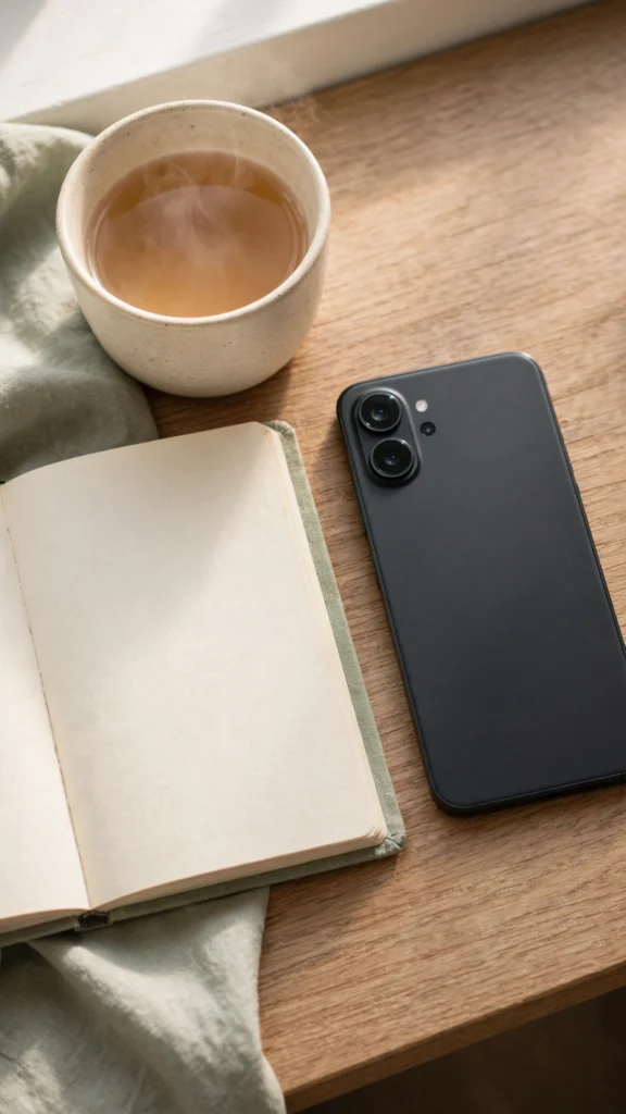 A phone turned face down beside an open journal and tea, representing a slower, faithfulness-driven alternative to hustle culture.