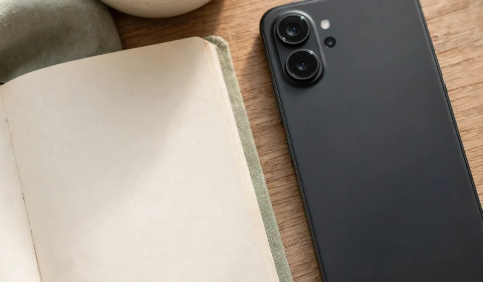 A phone turned face down beside an open journal and tea, representing a slower, faithfulness-driven alternative to hustle culture.