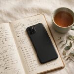 A phone turned face down on a journal with a gratitude list, representing a counterweight to comparison from a curated feed.