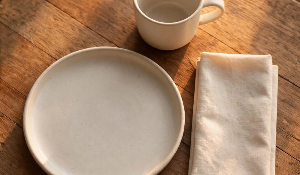 A single place setting at a small table in warm evening light, representing a full life held with contentment during a season of waiting.