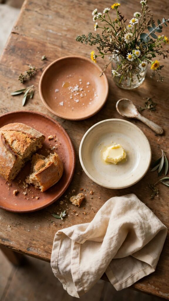 A simply set table with mismatched dishware and a loaf of bread, representing hospitality offered without a staged, perfect home.