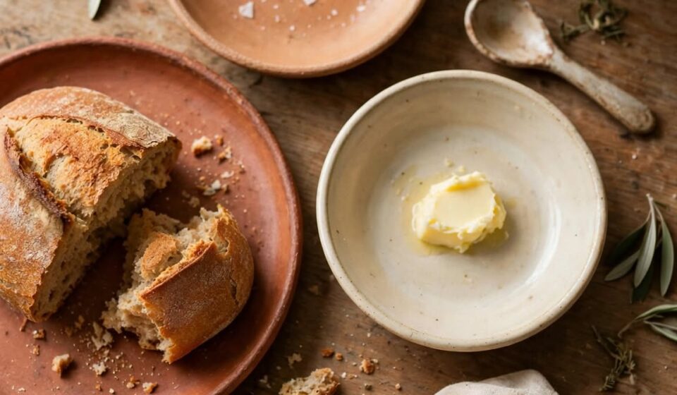 A simply set table with mismatched dishware and a loaf of bread, representing hospitality offered without a staged, perfect home.