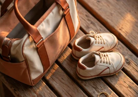 A work bag beside small children's shoes on an entryway bench in evening light, representing home life after a full workday.
