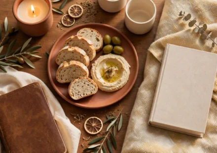 A table arrangement moving from candle and Bible to a shared meal to a blanket and book, representing the gentle shape of a Sabbath day.