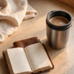 A small open Bible beside a travel mug of coffee, representing a short, honest quiet time fit into a genuinely busy morning.