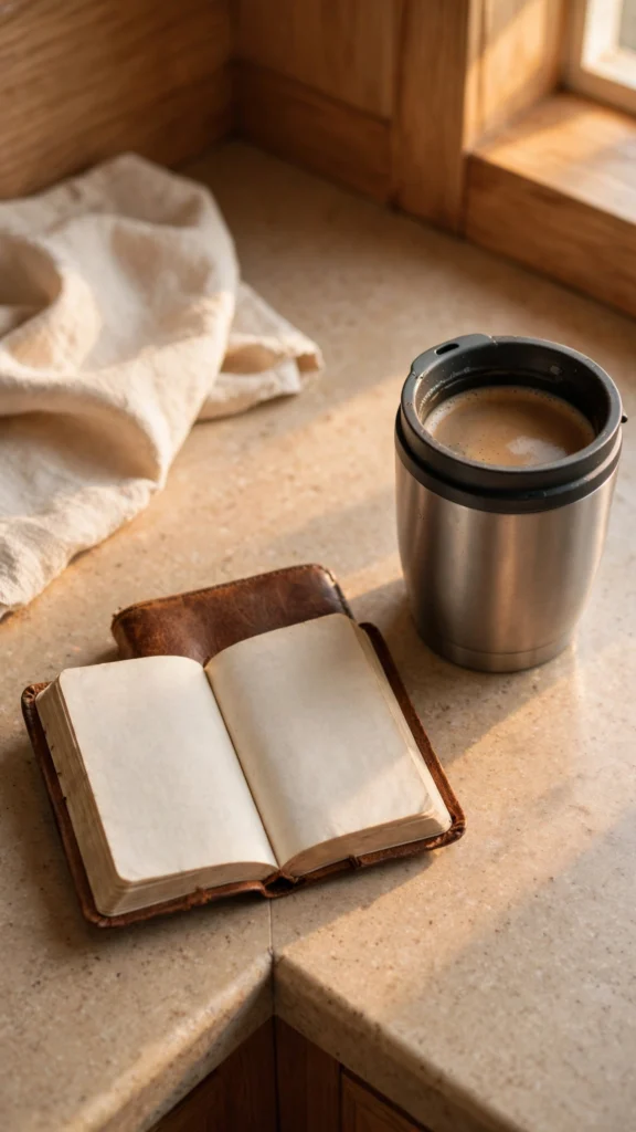 A small open Bible beside a travel mug of coffee, representing a short, honest quiet time fit into a genuinely busy morning.
