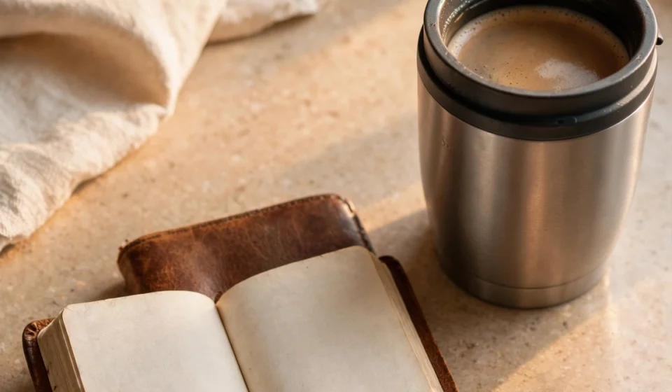A small open Bible beside a travel mug of coffee, representing a short, honest quiet time fit into a genuinely busy morning.
