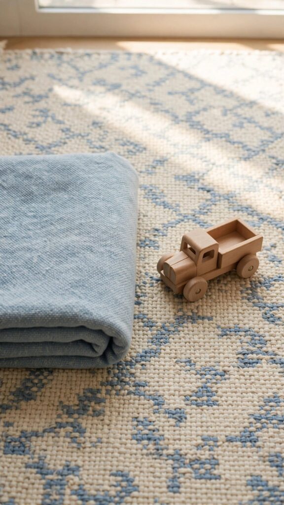 A child's toy truck resting on a tidy rug beside a folded blanket, representing order taught through care rather than fear.
