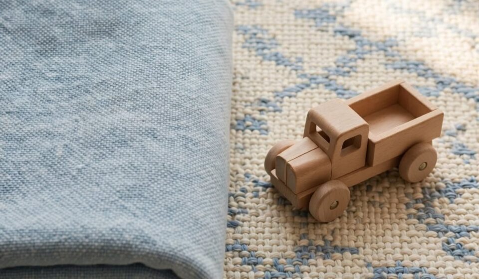 A child's toy truck resting on a tidy rug beside a folded blanket, representing order taught through care rather than fear.