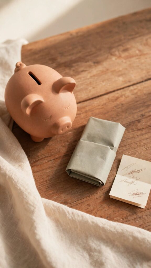 A piggy bank and folded bill on a wooden table, representing stewardship taught gradually before a teenager leaves home.