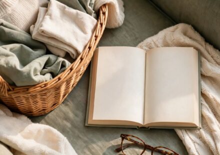 An unfinished laundry basket beside an open book on a cozy chair, representing the slow, imperfect practice of learning to rest.