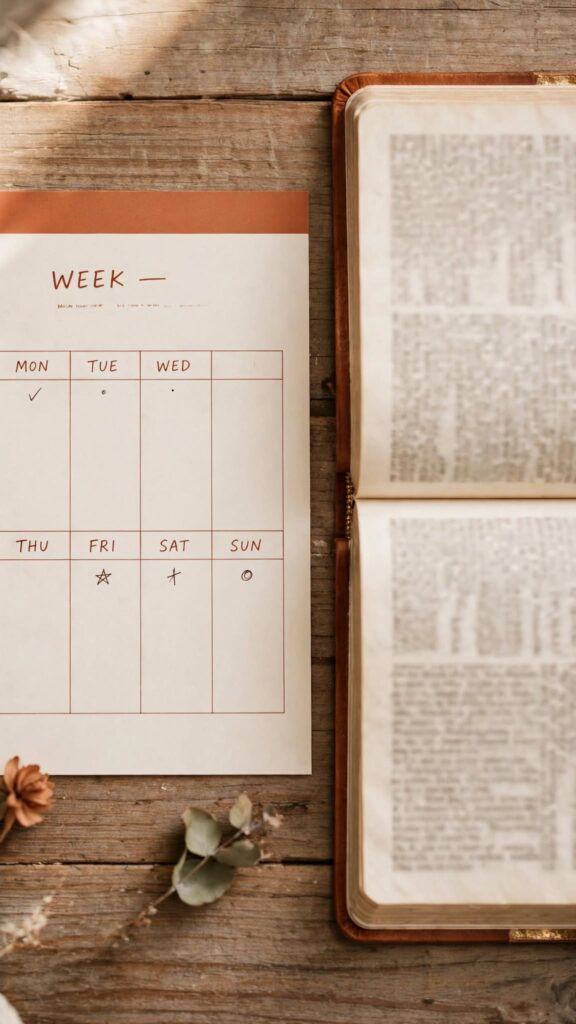 A weekly calendar with small marks spread across several days beside an open Bible, representing faith sustained throughout the week.