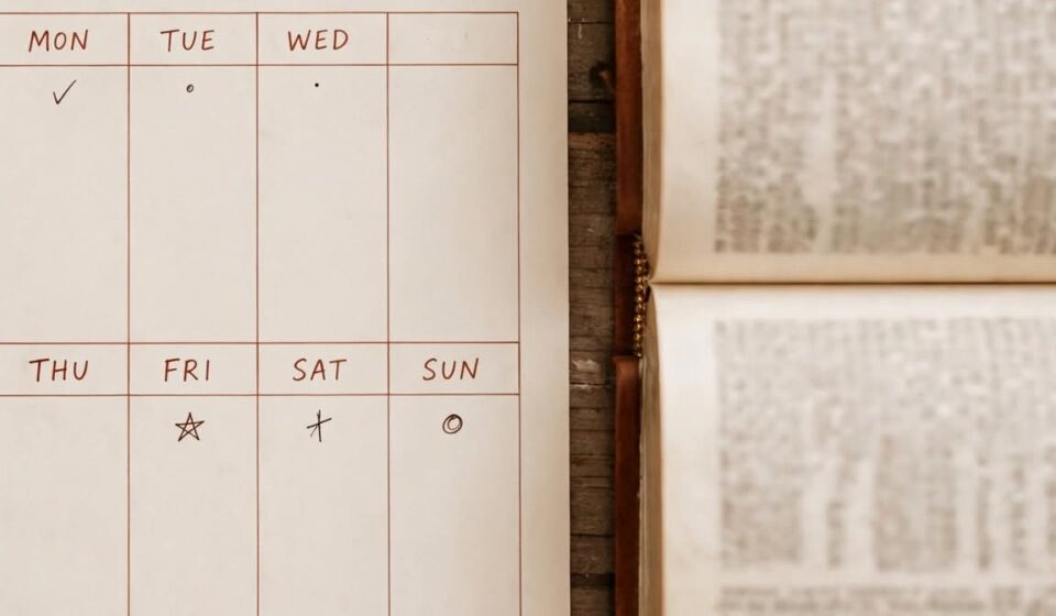 A weekly calendar with small marks spread across several days beside an open Bible, representing faith sustained throughout the week.