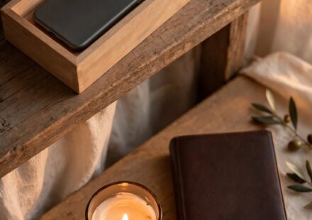 A phone placed face down in a small box beside a candle and closed Bible, representing attention reclaimed on purpose.