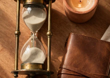 An hourglass and candle on a wooden desk, representing time as something entrusted rather than owned.