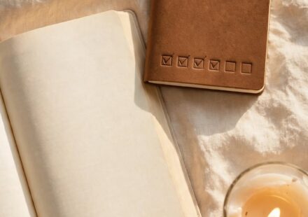 A closed habit tracker beside an open Bible and candle, representing the difference between checking a box and genuine encounter with God.