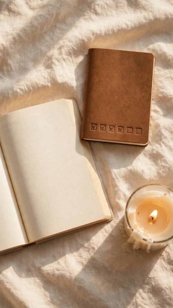 A closed habit tracker beside an open Bible and candle, representing the difference between checking a box and genuine encounter with God.