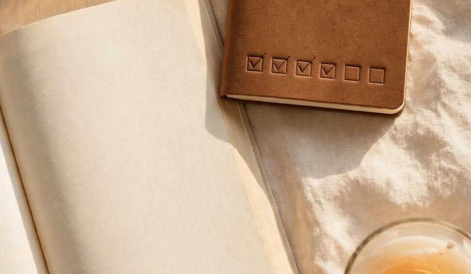 A closed habit tracker beside an open Bible and candle, representing the difference between checking a box and genuine encounter with God.
