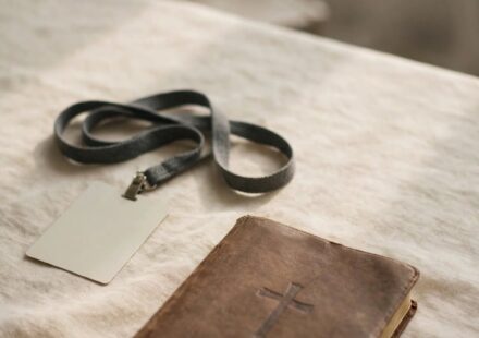 A volunteer lanyard set beside a closed Bible, representing service that may have quietly replaced quiet presence with God.