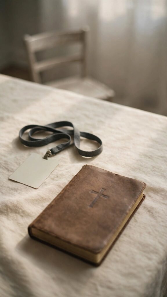 A volunteer lanyard set beside a closed Bible, representing service that may have quietly replaced quiet presence with God.