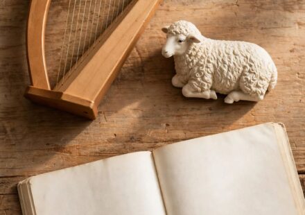 A small stringed instrument and sheep figurine beside an open Bible, representing calling practiced faithfully in a small, hidden season.
