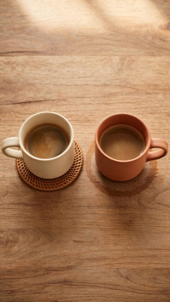 Two coffee mugs side by side, one on a coaster and one without, representing two honest but different relationships with order.