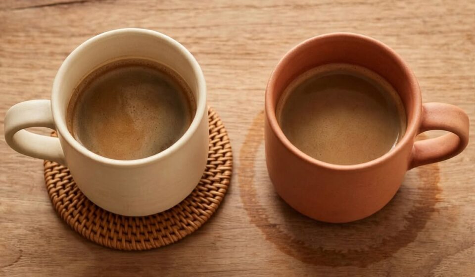 Two coffee mugs side by side, one on a coaster and one without, representing two honest but different relationships with order.
