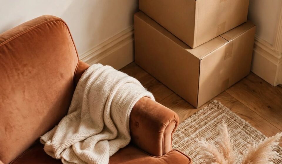Moving boxes stacked beside a pushed-aside armchair in a cozy reading nook, representing a mother's space making room for her son's return.