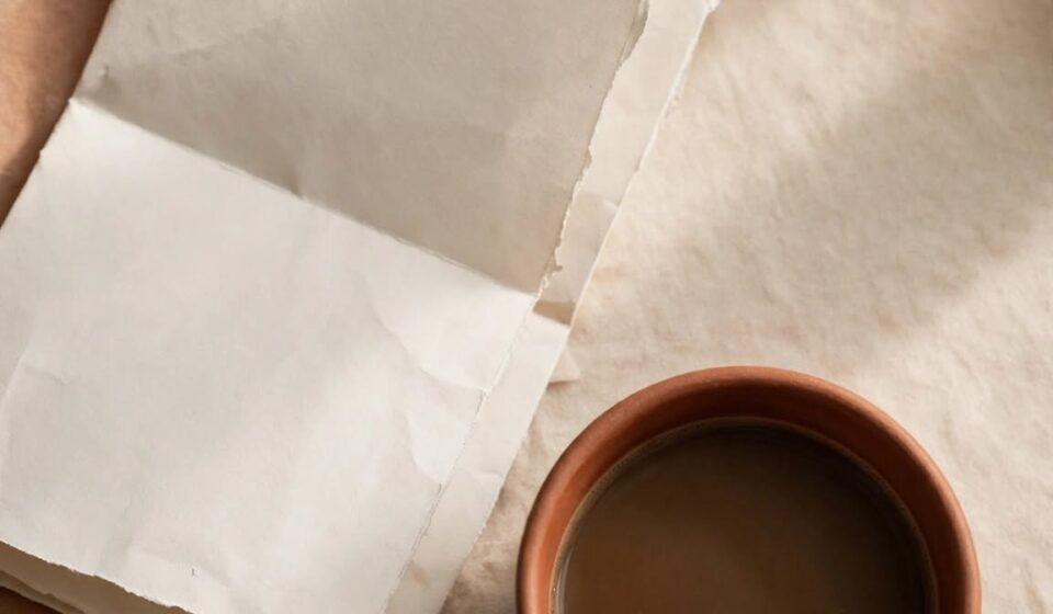 A folded church bulletin beside an untouched cup of coffee, representing the tension between faithful service and genuine rest.