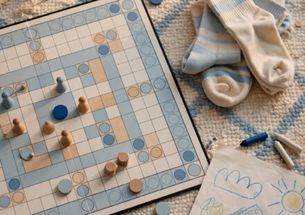 A board game left mid-play with scattered pieces on a rug, representing imperfect but genuine family connection.