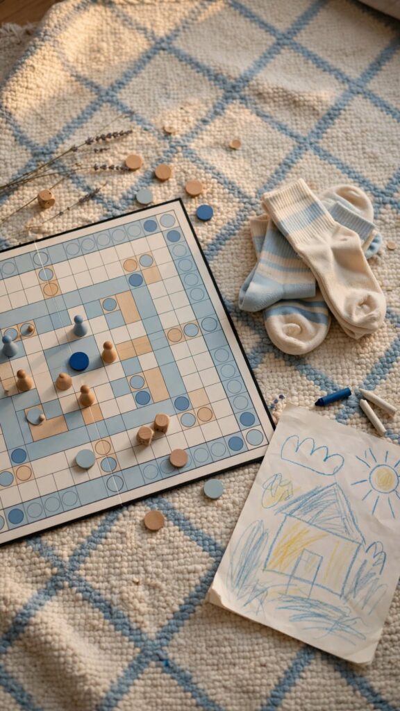 A board game left mid-play with scattered pieces on a rug, representing imperfect but genuine family connection.