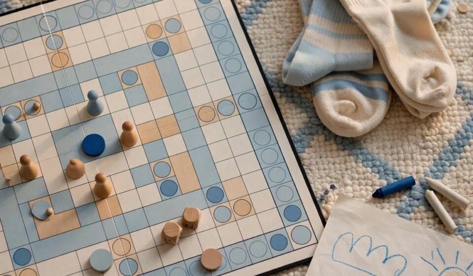 A board game left mid-play with scattered pieces on a rug, representing imperfect but genuine family connection.