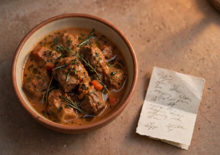 A warm meal dish on a doorstep beside a handwritten note, representing an unplanned moment of grace showing up uninvited.