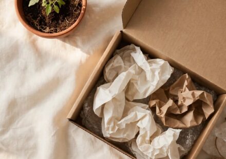 A small potted seedling sits beside a half-unpacked moving box on cream linen in soft afternoon light.