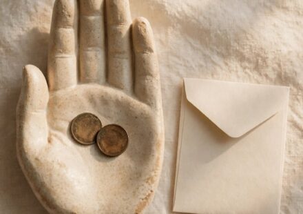 Two small coins resting beside a simple offering envelope, representing generosity given faithfully from real scarcity.
