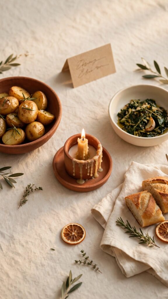 A simply set holiday table with a lit candle and a handwritten place card, representing a holiday prepared without losing yourself.