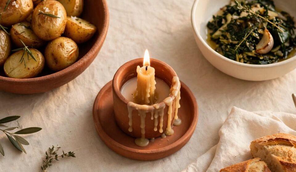 A simply set holiday table with a lit candle and a handwritten place card, representing a holiday prepared without losing yourself.