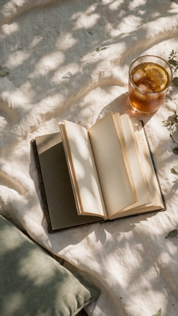 An open paperback novel and a glass of iced tea rest on a cream linen throw in soft porch light.