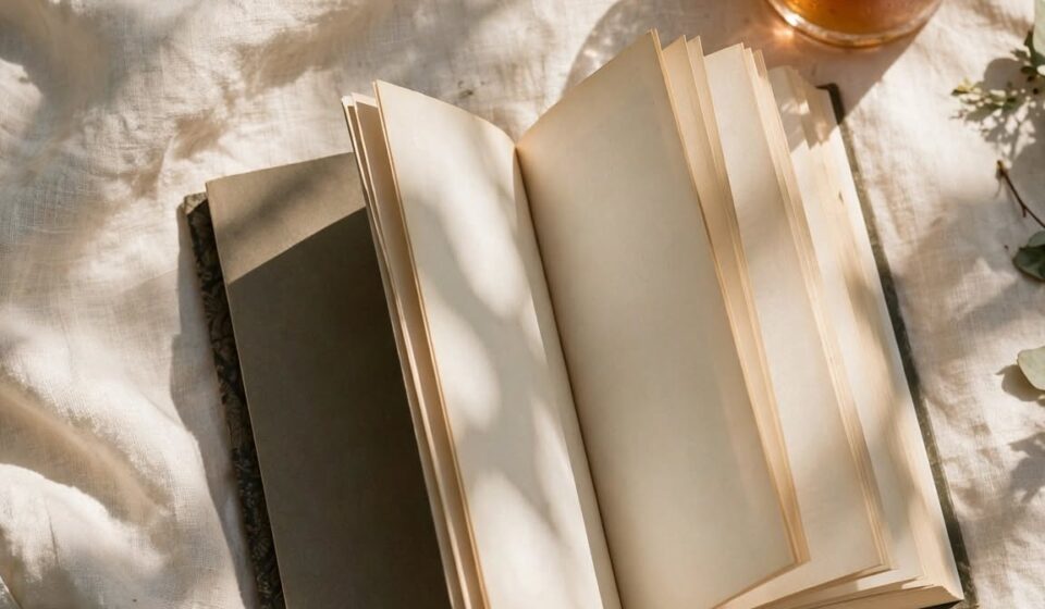 An open paperback novel and a glass of iced tea rest on a cream linen throw in soft porch light.