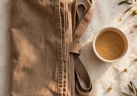 A folded work apron and a cup of tea rest on cream linen in soft late-afternoon light.