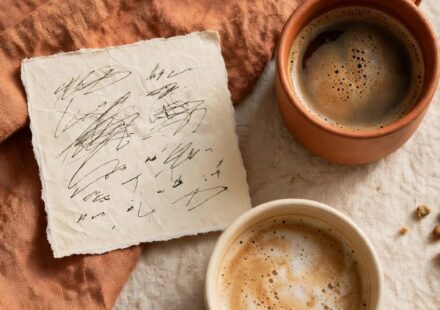 A handwritten note beside two cups of coffee, representing a plain, direct request offered instead of a hint.