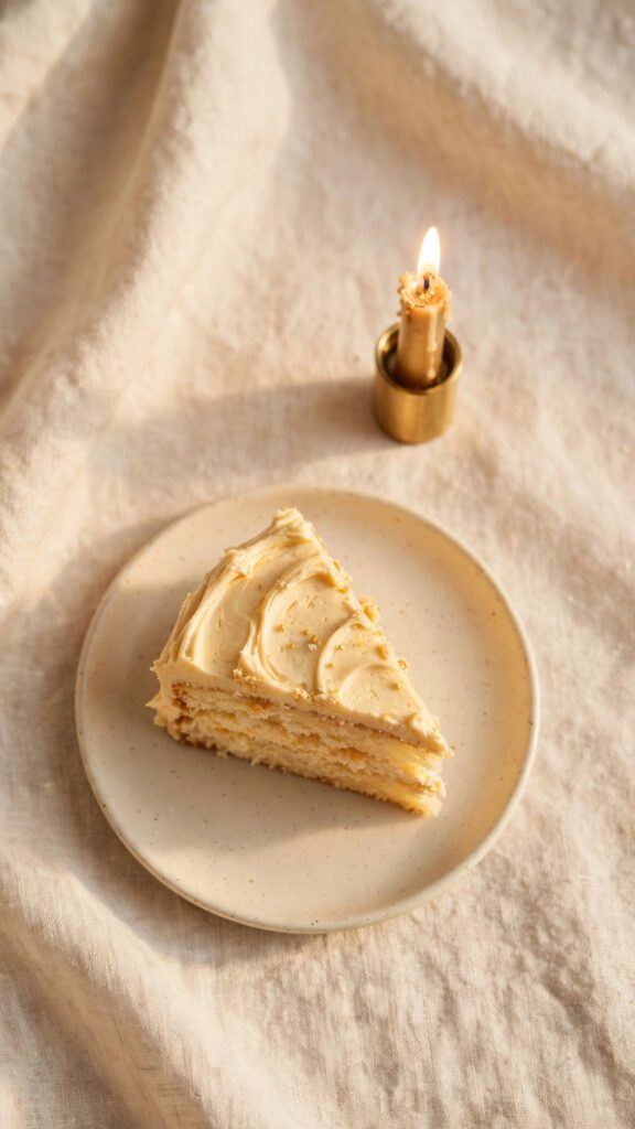A simple slice of cake with a lit candle, representing genuine, unashamed celebration of good news.