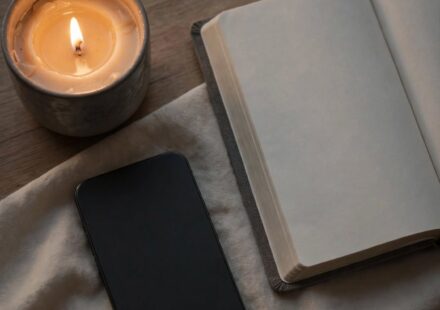 A closed phone beside an open Bible and candle on a nightstand, representing the choice to guard attention and rest in grace rather than shame.