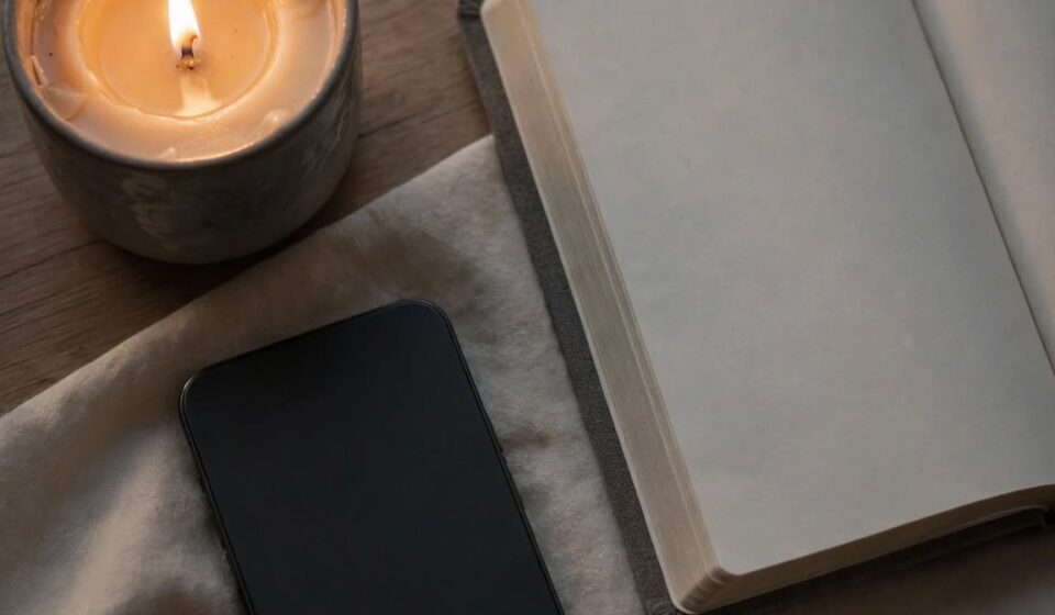 A closed phone beside an open Bible and candle on a nightstand, representing the choice to guard attention and rest in grace rather than shame.